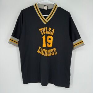 Vintage 80s Swingster Oklahoma Tulsa Lacrosse Jersey 19 Black Yellow V-Neck L